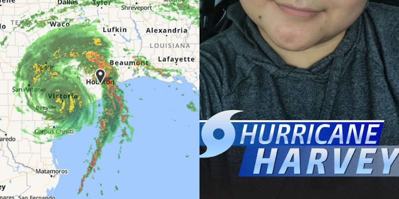 A doppler radar of Hurricane Harvey over Texas next to a Snapchat taken with a Hurricane Harvey geofilter.