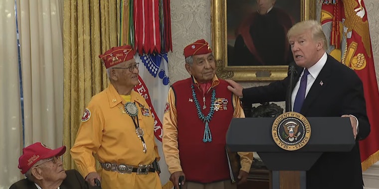 President Donald Trump referenced his racist nickname for Sen. Elizabeth Warren (D-Mass.) at a White House event honoring Navajo Code Talkers on Monday afternoon.