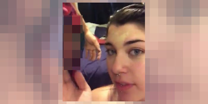 Woman using her boyfriend's testicles as a beauty blender