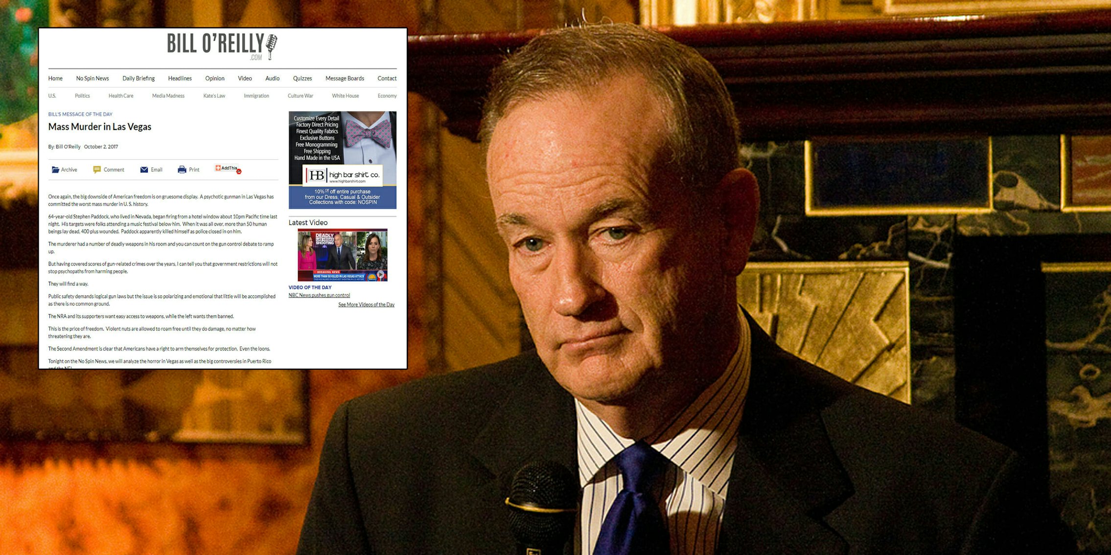 Bill O'Reilly called the Las Vegas shooting the 'price of freedom' in a blog post