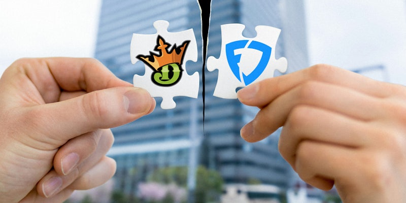Photo of hands holding Draft Kings and Fanduel logos on matching puzzle pieces being torn apart