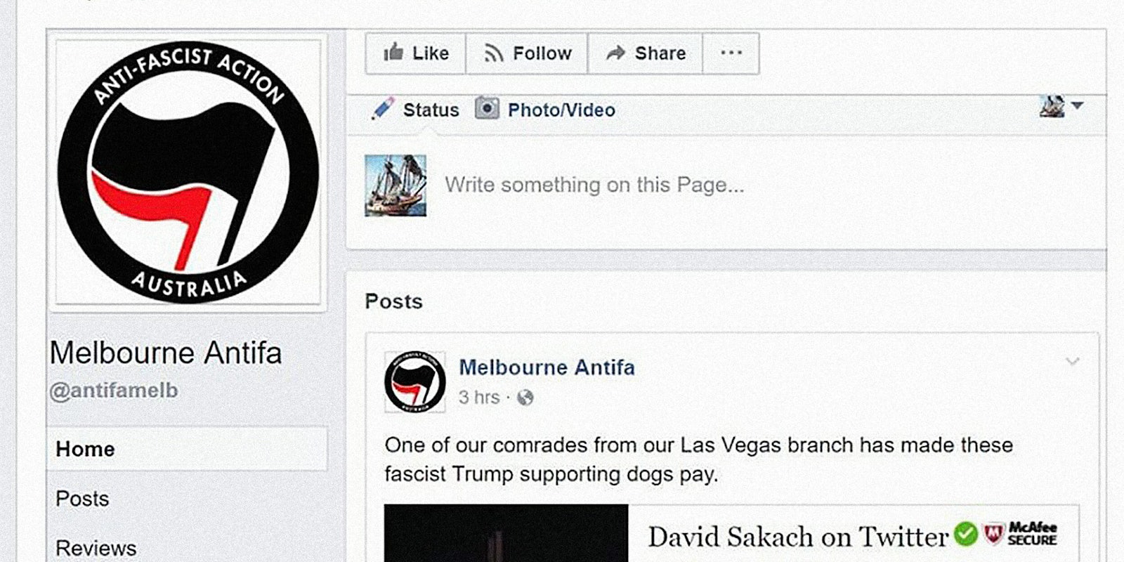 Fake Melbourne Antifa Facebook account