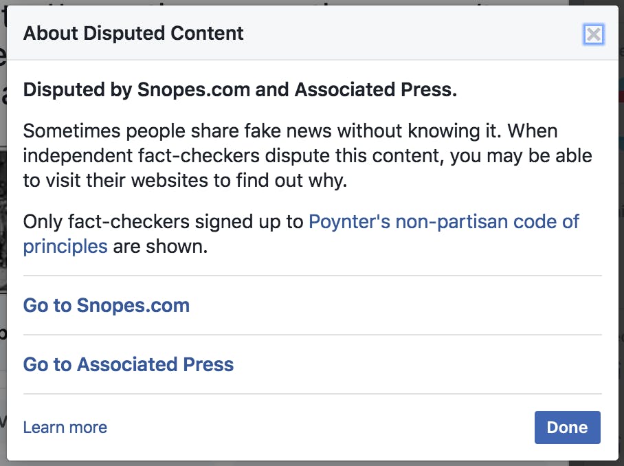Facebook links out to independent fact-checkers