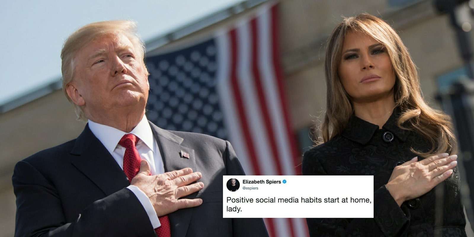 President Donald Trump and First Lady Melania Trump standing during the Star Spangled Banner.