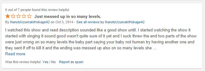 Screencap of a one-star review of Cross Ange on Crunchy Roll showing that "0 or 7 people found this review helpful," a typical review from the show's comment pages currently.