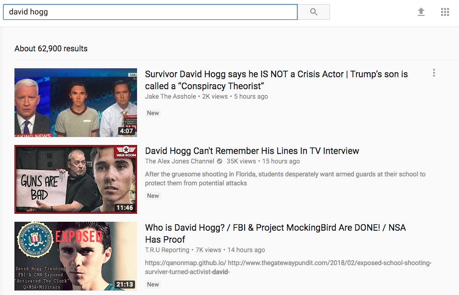 david hogg youtube conspiracy videos