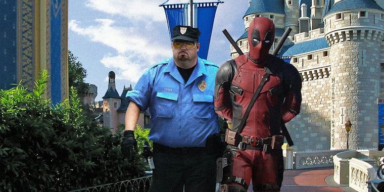 Deadpool being escorted out of Disney World by security guard