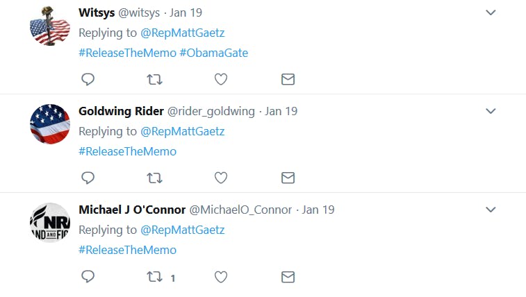 #ReleaseTheMemo began popping up in responses to Rep. Matt Gaetz tweet.