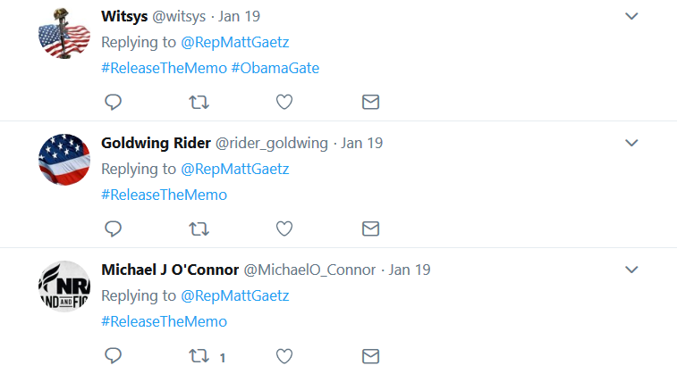 #ReleaseTheMemo began popping up in responses to Rep. Matt Gaetz tweet.