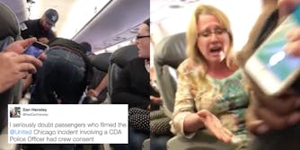 Video stills from the United Airlines viral video of officers dragging a man off a plane.