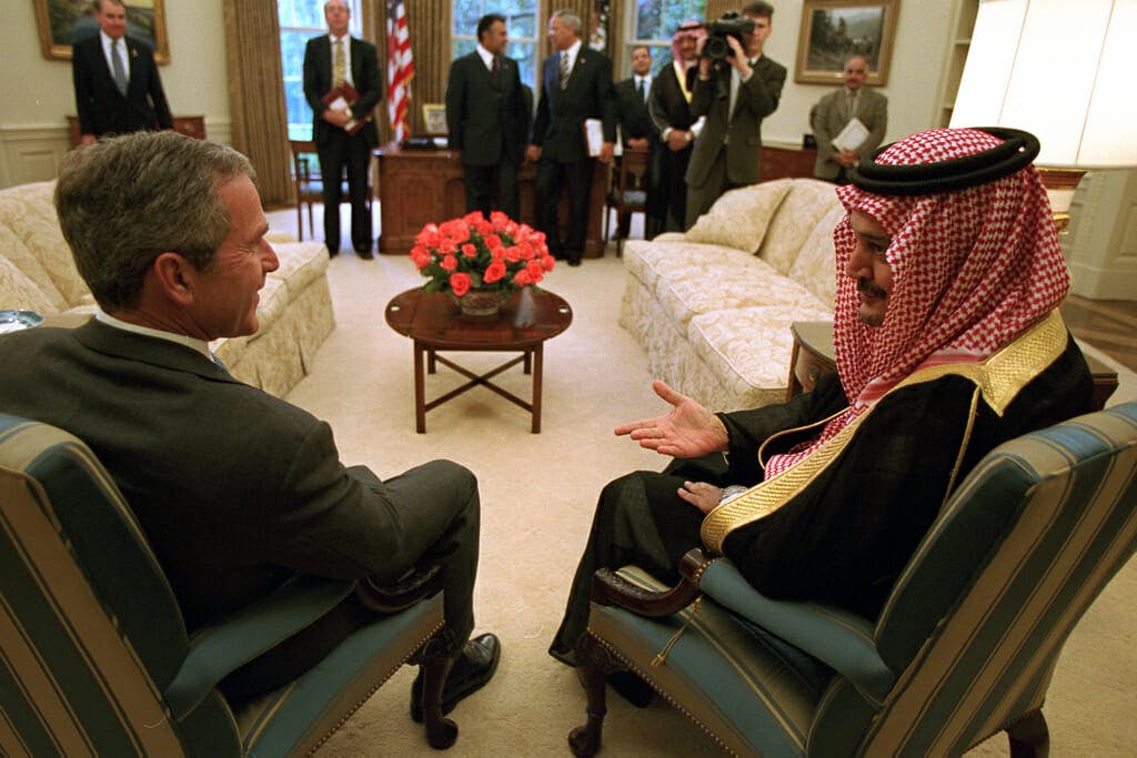 President George W. Bush meets with Foreign Minister Saudi Al-Fail of Saudi Arabia Thursday, Sept. 20, 2001, in the Oval Office. Photo by Paul Morse, Courtesy of the George W. Bush Presidential Library