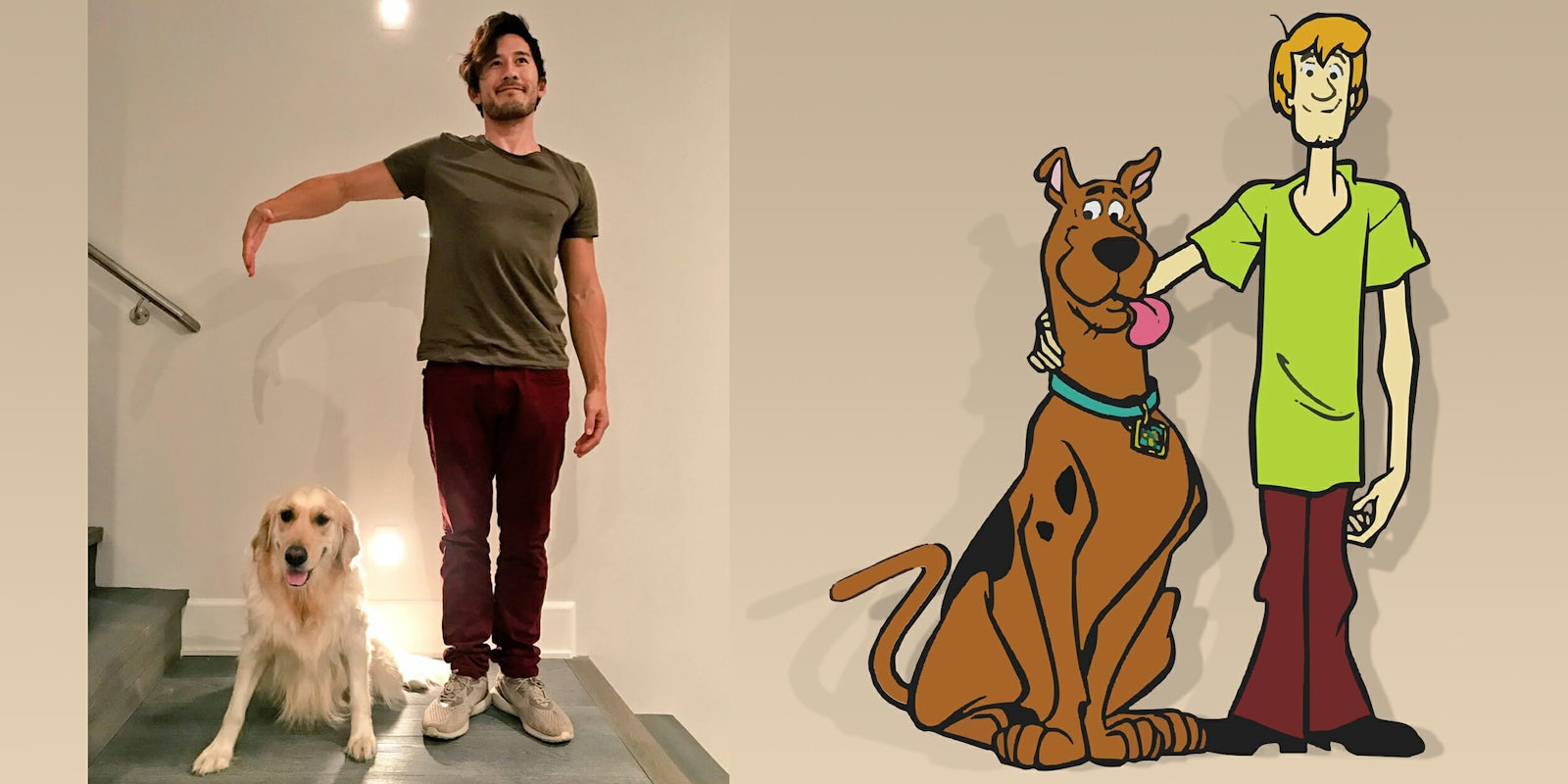 Man posing with his dog, wants to look like Shaggy and Scooby-Doo