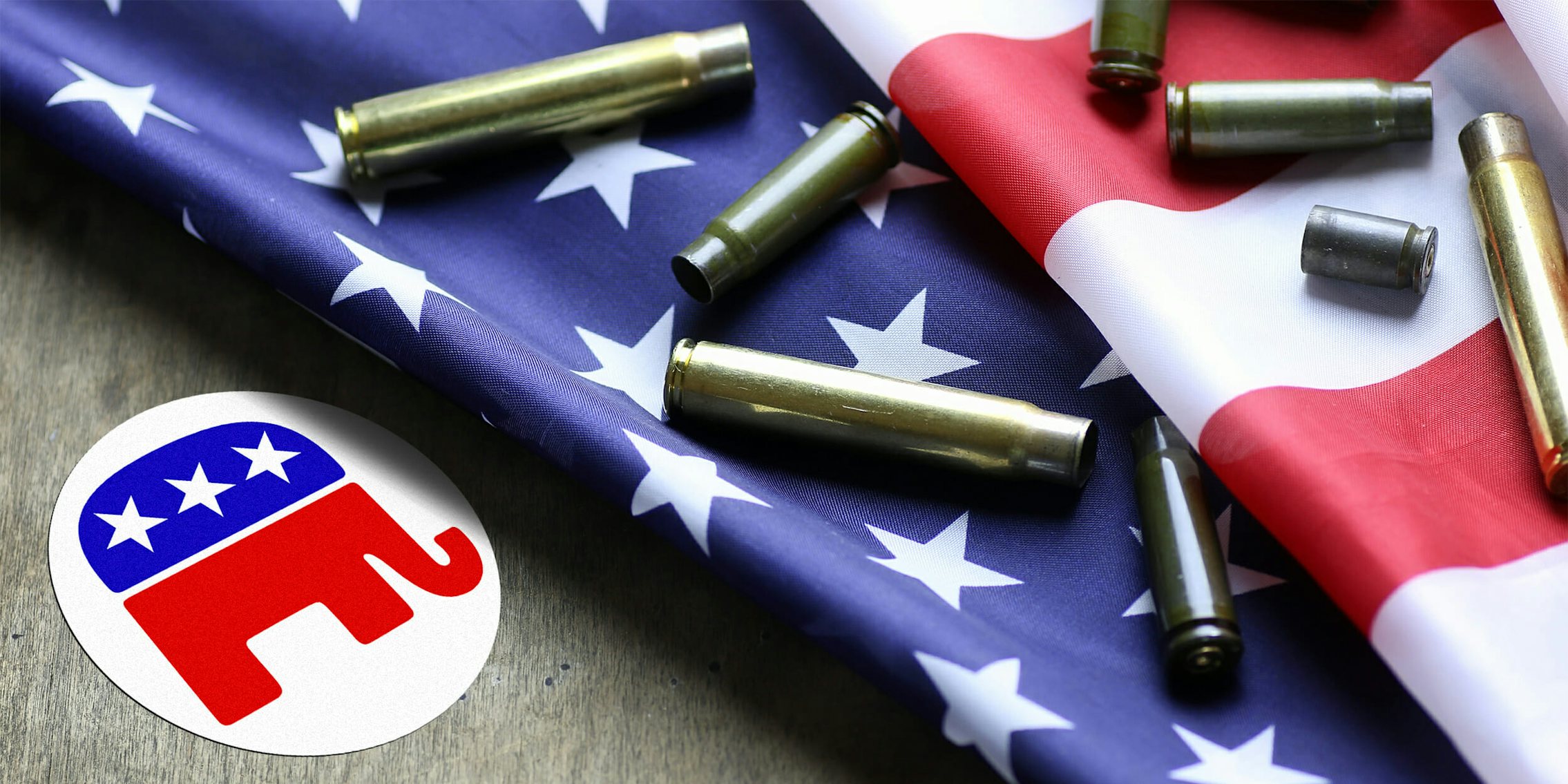 GOP logo sticker with American flag covered with shell casings