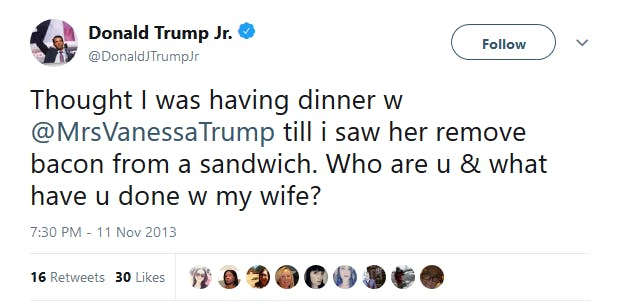 A former model shared screenshots from Donald Trump Jr. on Thursday night showing a strange bacon-fueled message from the businessman–but a quick scan of his Twitter shows that his 'bacon fetish' and love for the meat has been brought up a lot.