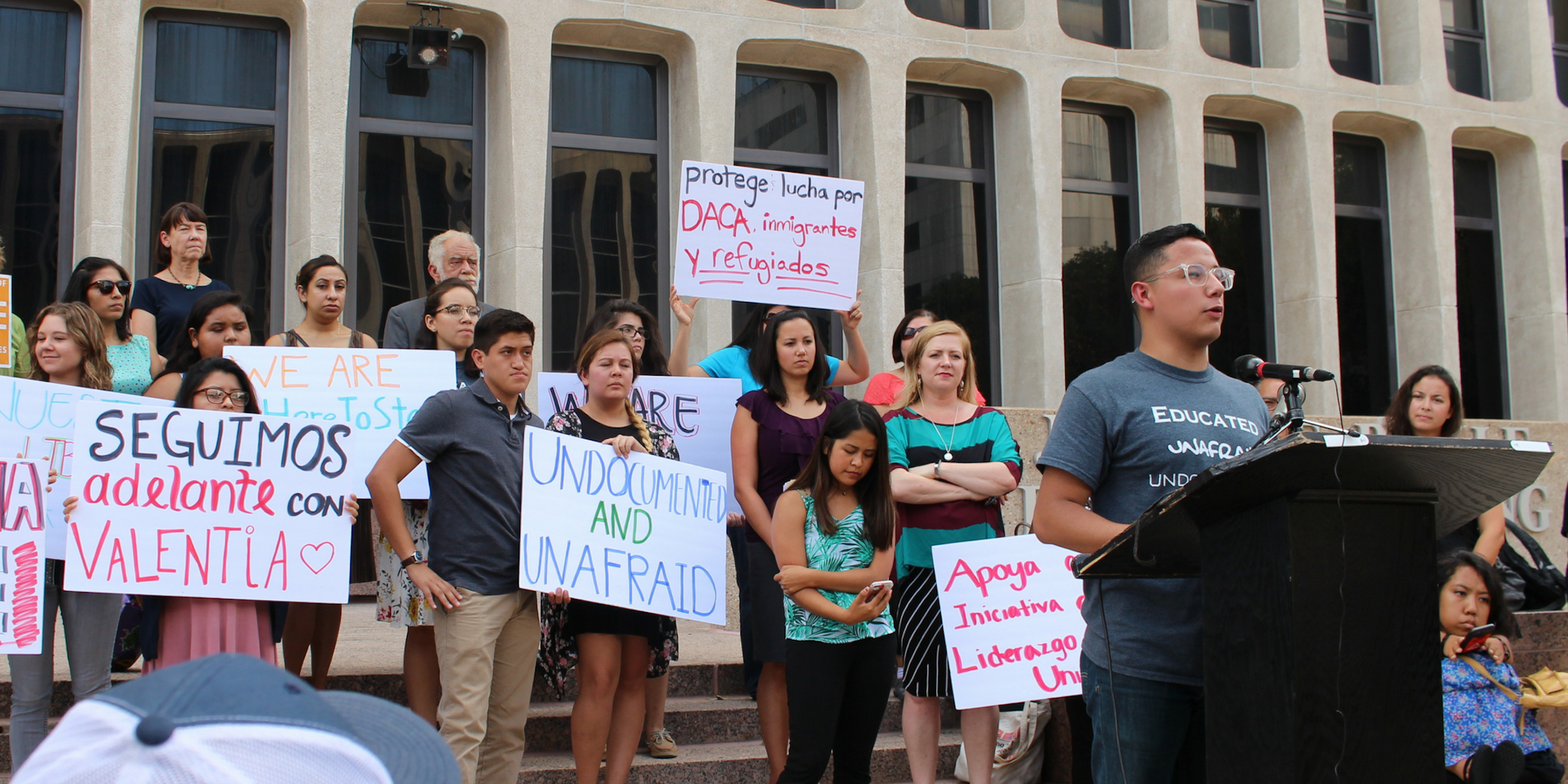 Sam Cervantes, a student leader with UT Austin's University Leadership Initiative, speaks to press at the group's conference regarding President Donald Trump's resignation of the Deferred Action for Childhood Arrivals (DACA) Act on Sept. 5, 2017 in Austin, Texas.