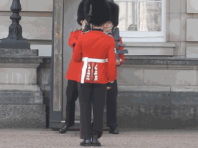 British soldier slips on a manhole cover in front of Buckingham Palace
