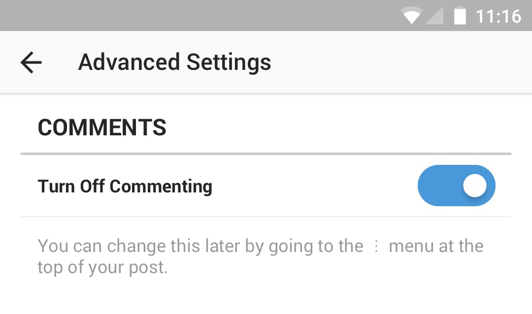 The advanced settings screen in Instagram.
