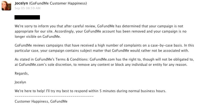 GoFundMe customer service screenshot