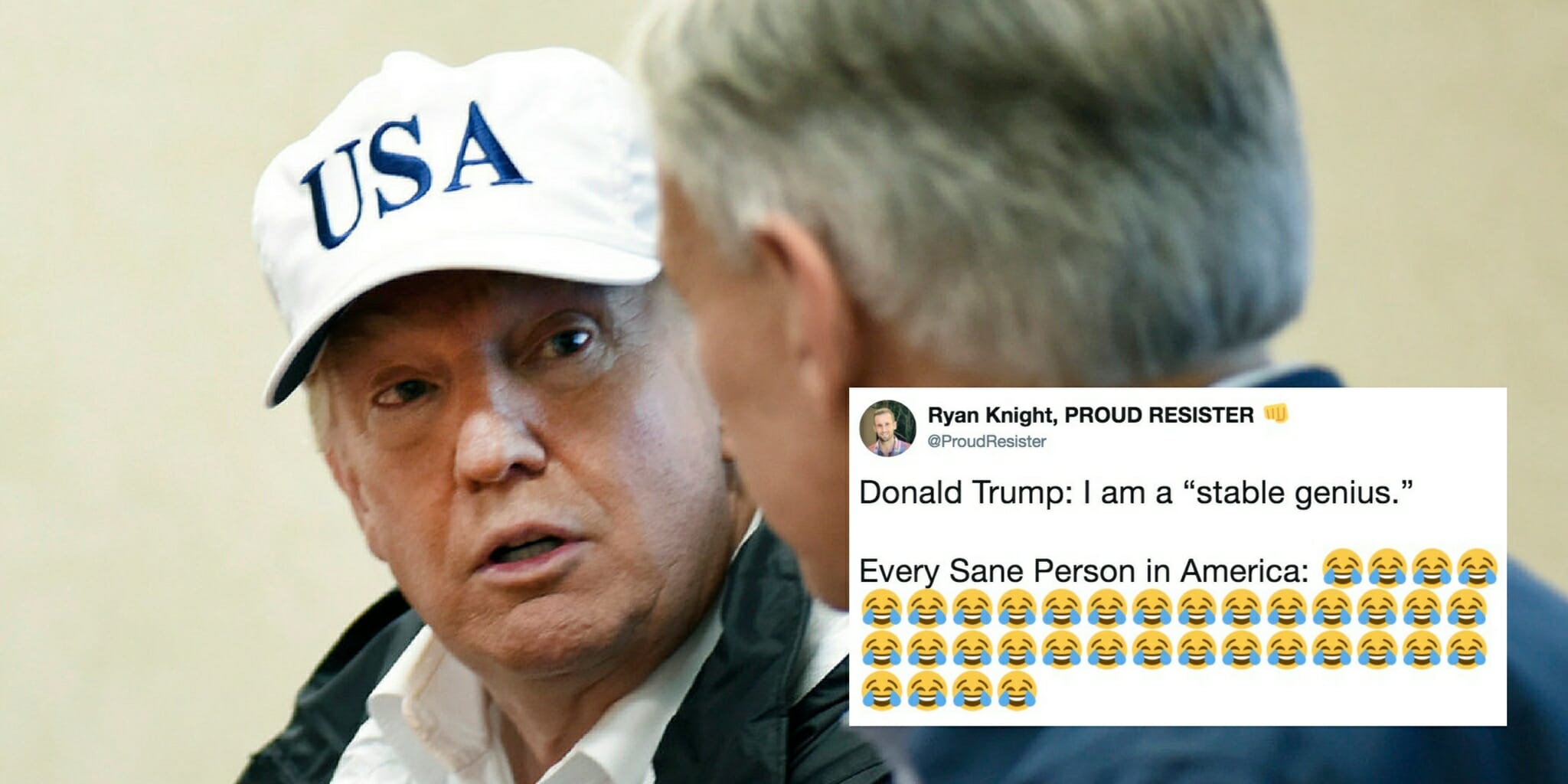 President Donald Trump with Texas Gov. Greg Abbott next to a tweet referencing Trump comments calling himself a 'stable genius.'