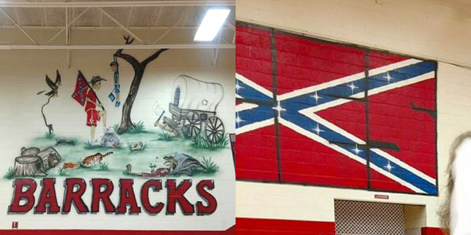 Murals of lynchings and the Confederate flag at South Cumberland Elementary School.