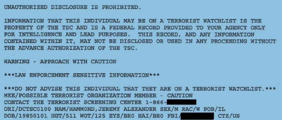 Hammond listed as a "possible terrorist organization member"