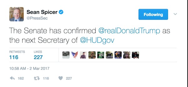 sean spicer memes: sean spicer deleted tweet naming donald trump as HUD secretary
