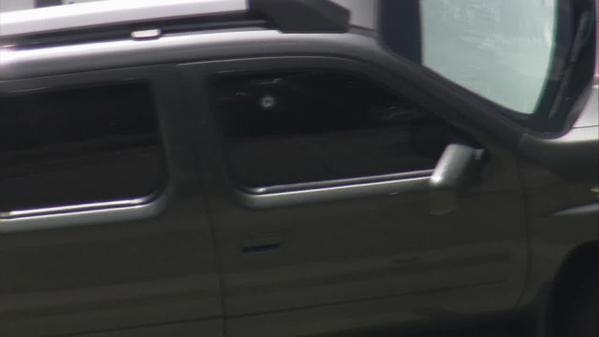 What appears to be a bullethole in the window of George Zimmerman's vehicle