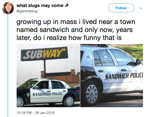 growing up in mass i lived near a town named sandwich and only now, years later, do i realize how funny that is [photo is a 'sandwich police' car in front of a Subway]