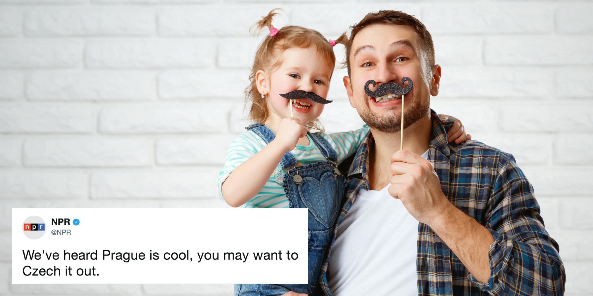 A dad and daughter with fake mustaches with an NPR tweet