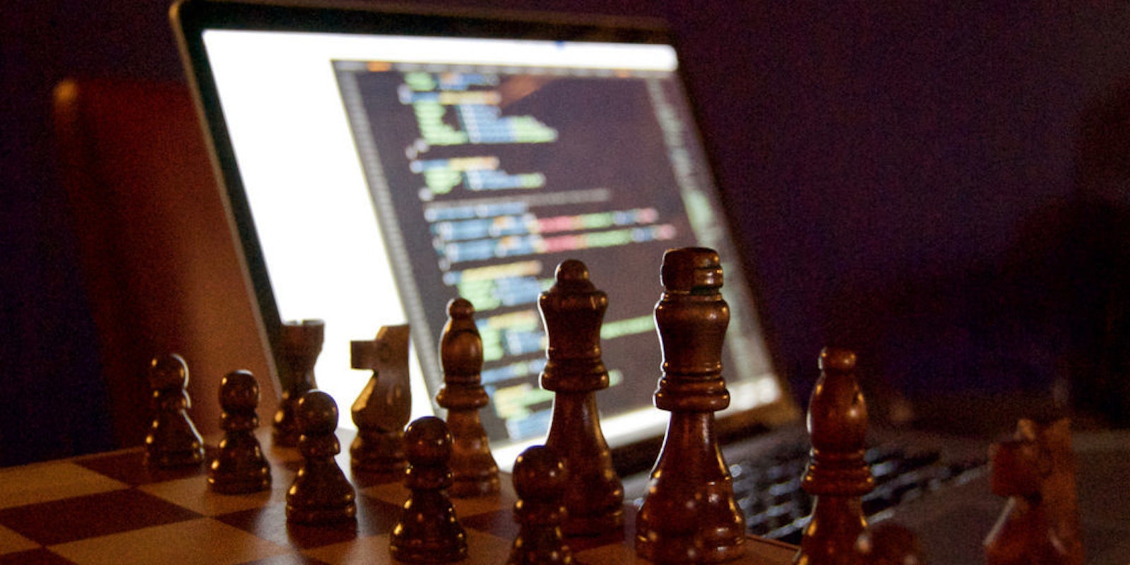 Chess board with computer code in background