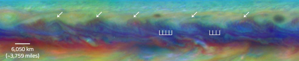 NASA caption: In Jupiter’s North Equatorial Belt, scientists spotted a rare wave that had been seen there only once before. It is similar to a wave that sometimes occurs in Earth’s atmosphere when cyclones are forming. This false-color close-up of Jupiter shows cyclones (arrows) and the wave (vertical lines).