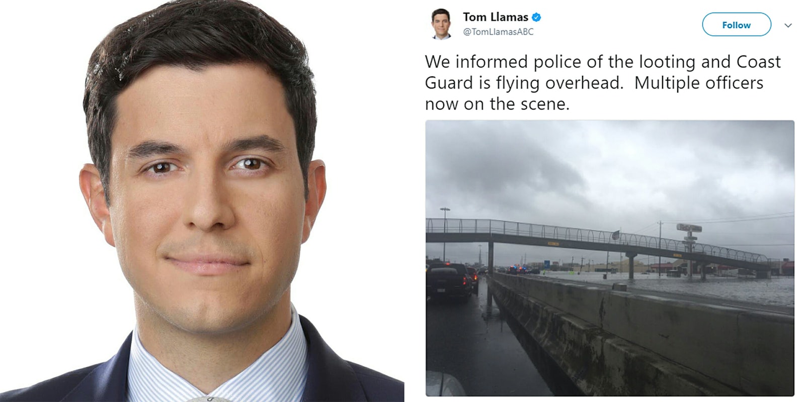 Tom Llamas with tweet that reads 'We informed police of the looting and Coast Guard is flying overhead. Multiple officers now on the scene.'