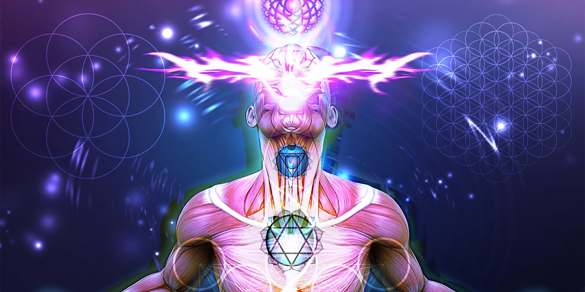 Man with consciousness rising from body over 'Flower of Life' images in background