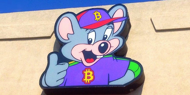 Chuck E Cheese with Bitcoin logo