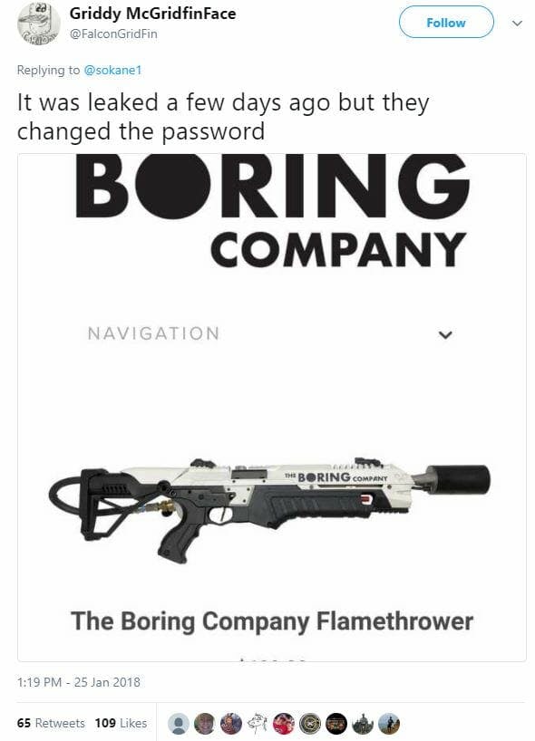 the boring company flamethrower leak tweet