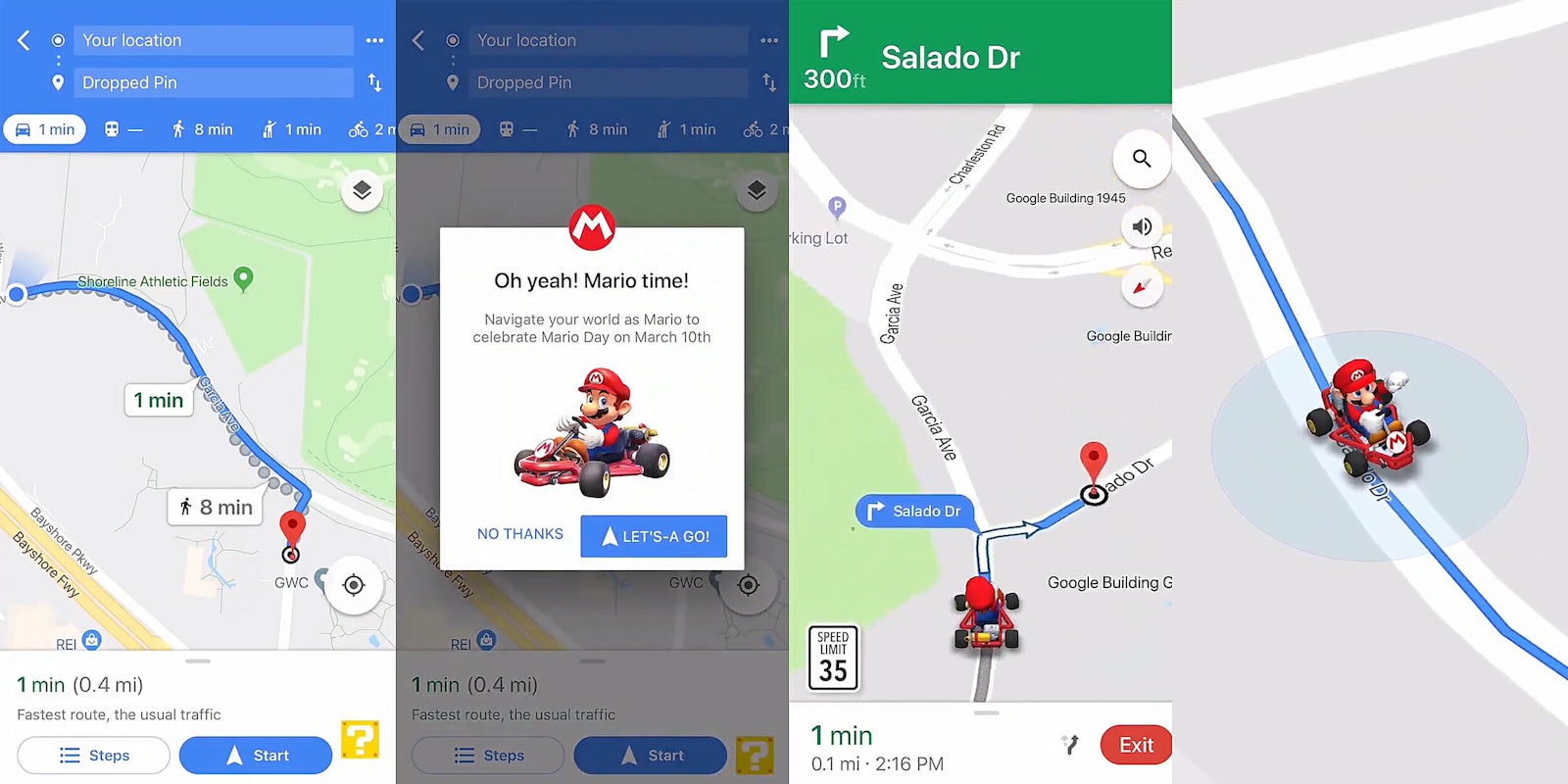 Mario in a go-kart on Google Maps