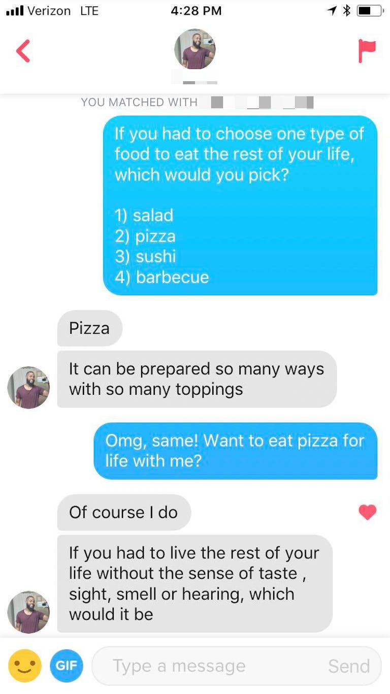 How to start a conversation on Tinder: ask a question, like which food would you pick for the rest of your life, pizza, sushi, salad or barbecue?