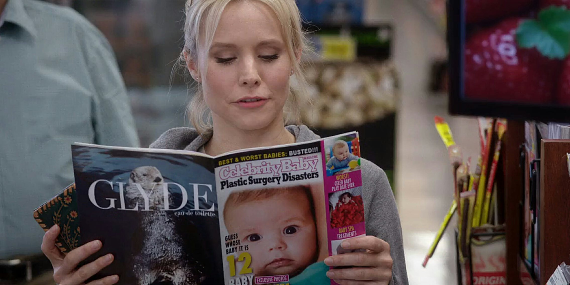 Eleanor from The Good Place reading Celebrity Baby