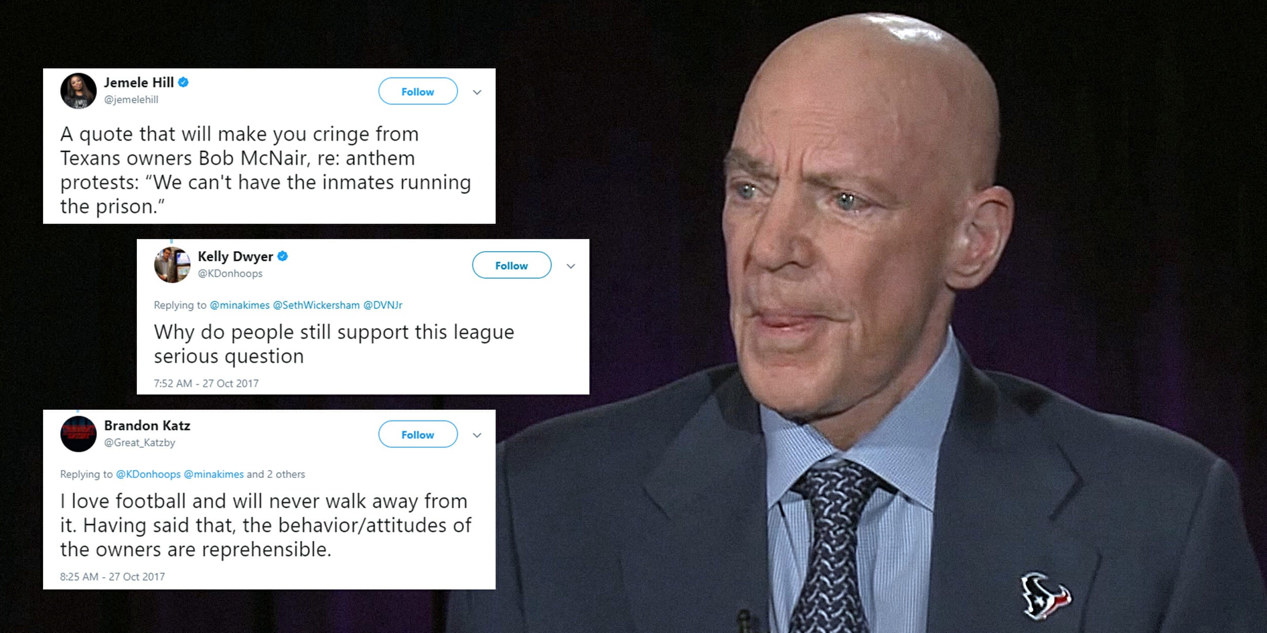 Robert McNair looking at response tweets to his statement that 'We can't have inmates running the prison'.