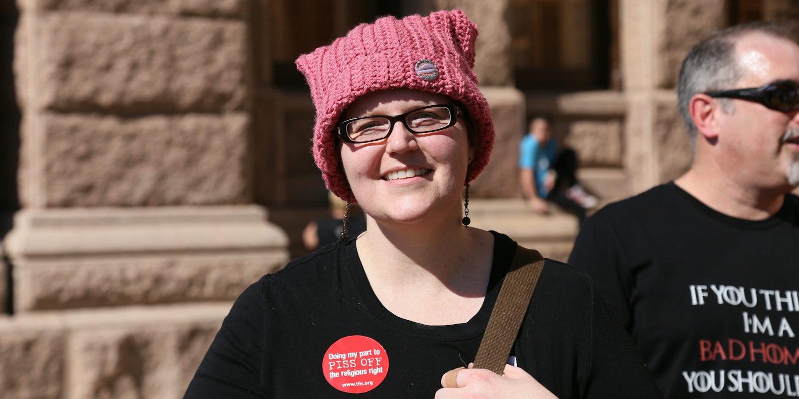 A woman wears a 'pussyhat' during a protest in Austin, Texas.