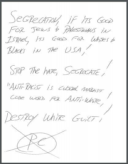 A hateful letter sent to Ted Thornhill for his 'White Racism' class he teaches.