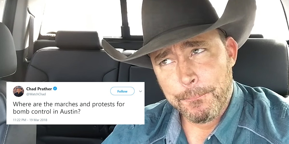 Chad Prather with 'Where are the marches and protests for bomb control in Austin' tweet