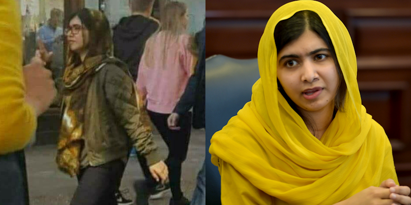 Malala Yousafzai allegedly walking in the street next to a photo of her