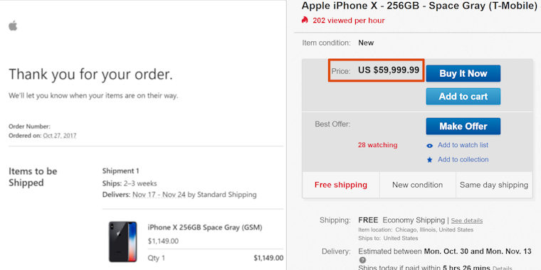 iphone x ebay $60,000
