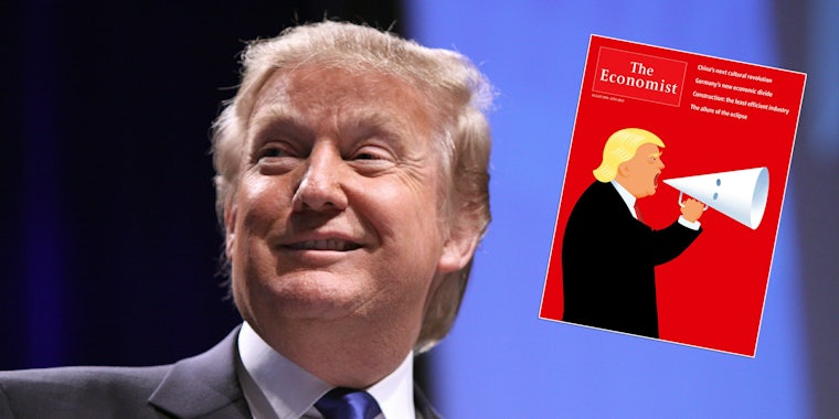 The latest cover of the Economist shows Donald Trump shouting into a KKK megaphone.