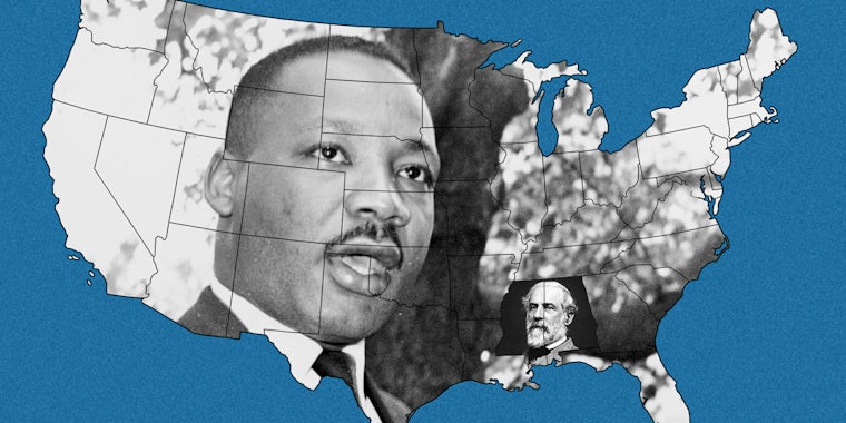 Dr. Martin Luther King, Jr over continental US map, Robert E Lee over Mississippi and Alabama