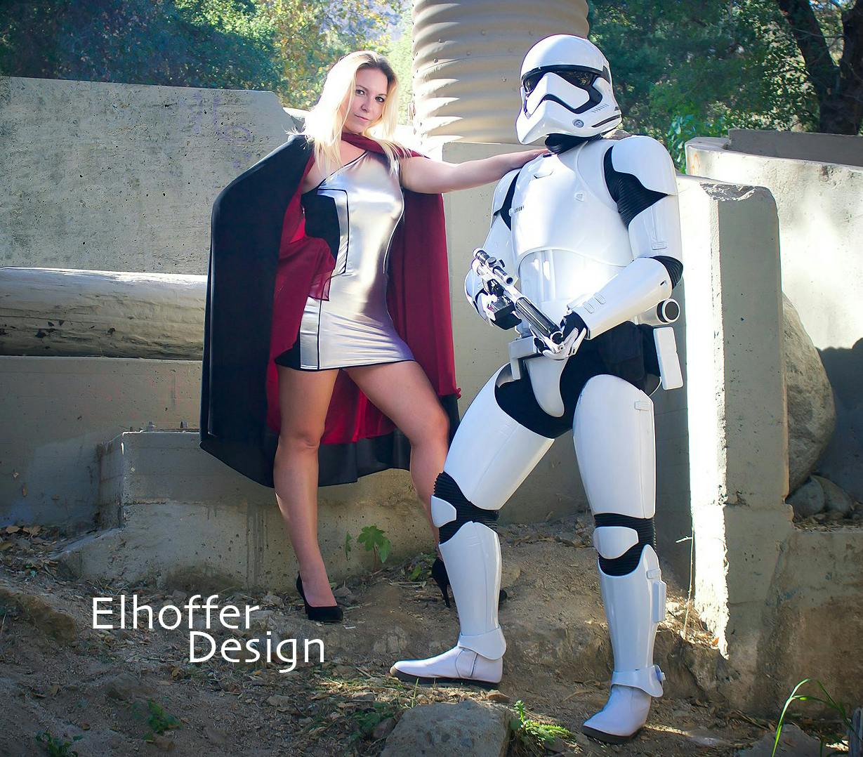 "My girlfriend who inspired the collection is photo'd with her boyfriend, who was one of the first people to build the First Order armor, which is so incredibly cool. It was so much fun walking through the park with a stormtrooper next to us!" Elhoffer said.