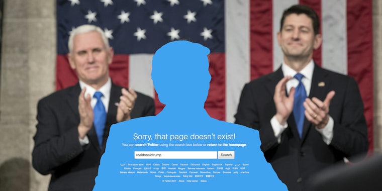 Mike Pence and Paul Ryan applaud behind Trump shape that displays 'Sorry, that page doesn't exist!' Twitter error