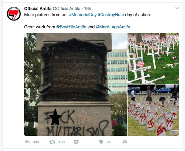A tweet from a fake antifascist account alleging attacks on soldier graves on memorial day