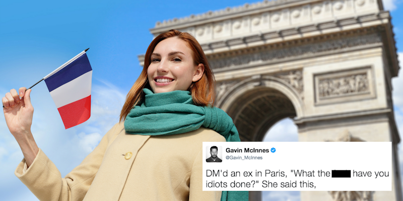 dm ex paris meme: A photo of a woman in France with the 'DM ex in Paris' meme.